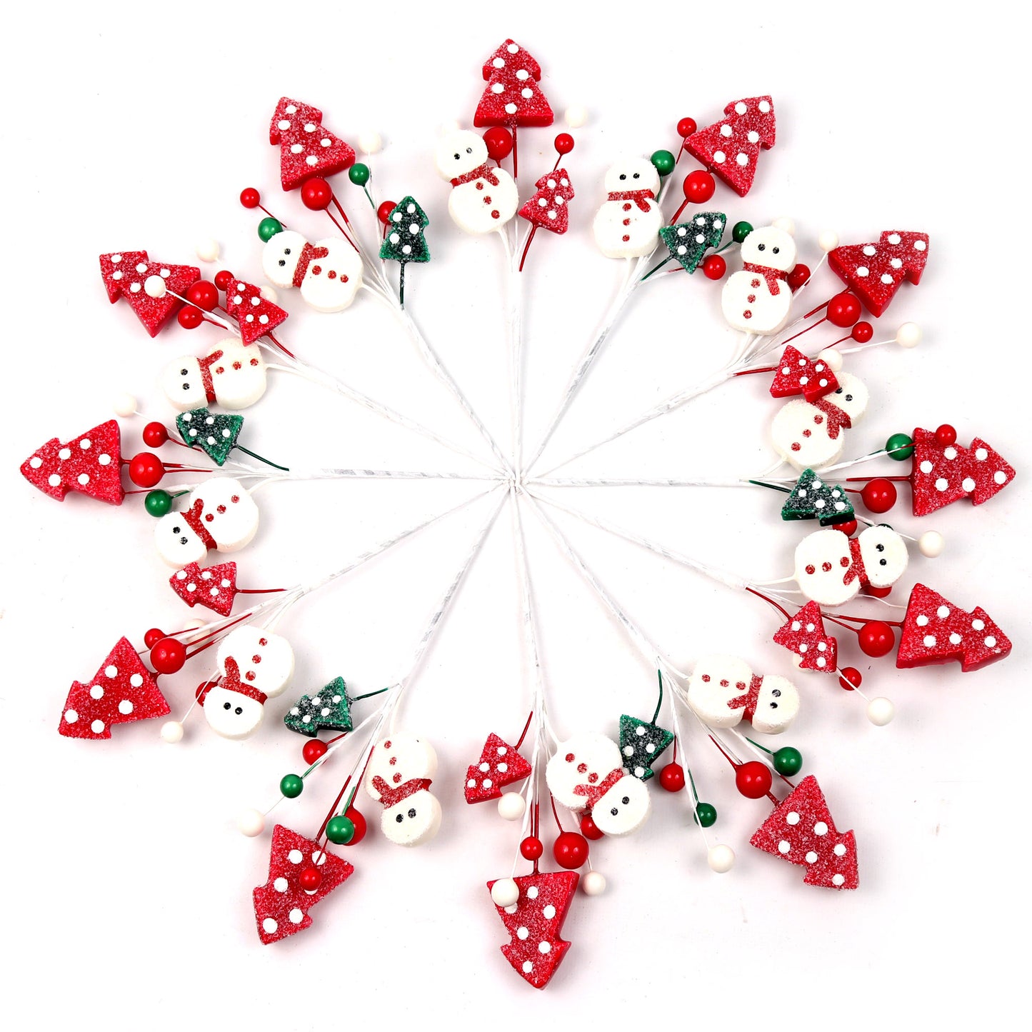 Set of 24: Assorted White Snowman Picks with Berries & Trees | Festive Holiday Decor | Trees, Wreaths, & Garlands | Christmas Picks | Home & Office Decor