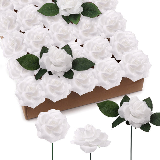 Pure Elegance: 50-Pack of Exquisite White Artificial Rose Picks, Ideal for Stunning Floral Arrangements, Crafts, and Wedding Decor