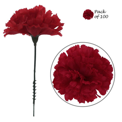 Burgundy Carnation 3.5"Diam 5"Pick - Realistic Artificial Carnations for DIY Wedding Bouquets, Centerpieces, Party Decor & Crafts