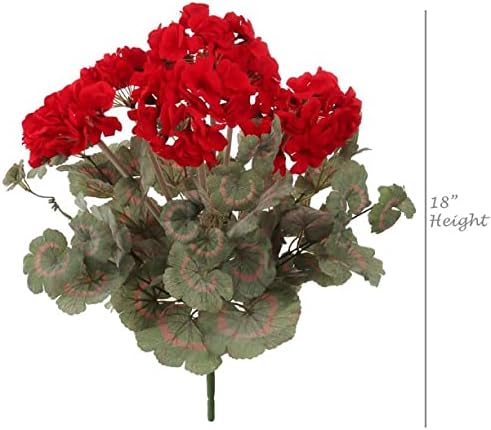Red Artificial Geranium Flower Bush | UV Resistant Decorative Silk Artificial Plant Perfect for Outdoors or Indoor Décor, 18-Inch Tall