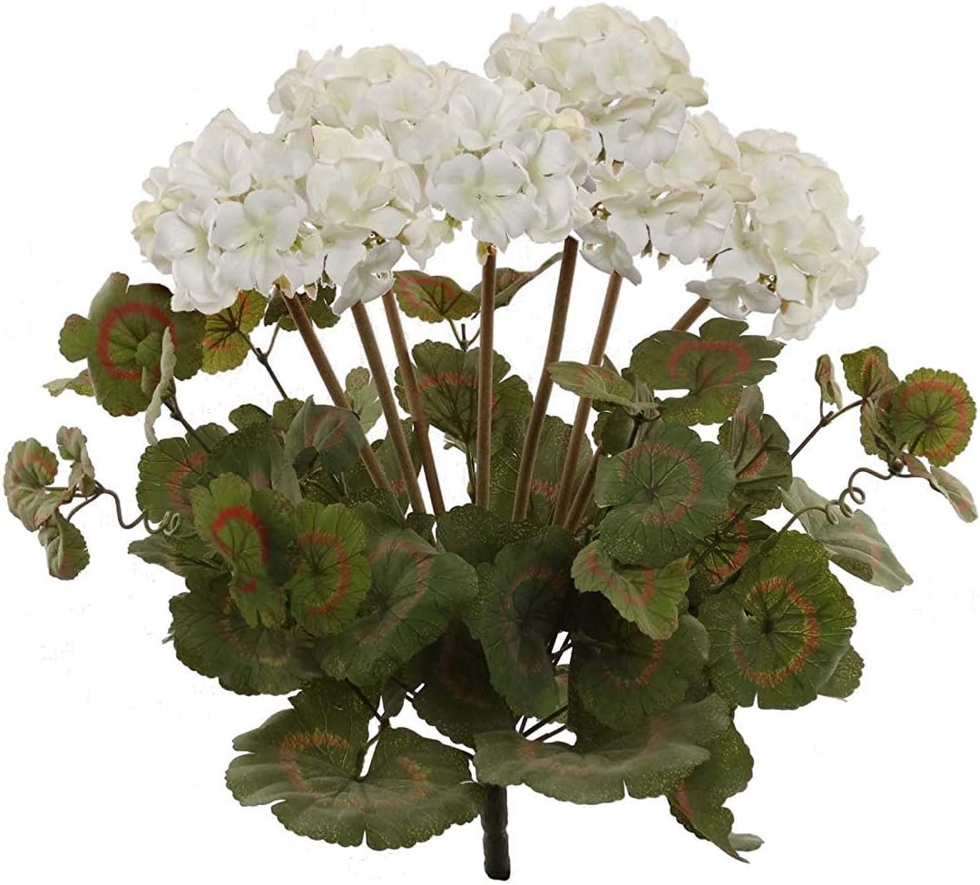 Two White Artificial Geranium Flower Bush | UV Resistant Decorative Silk Artificial Plant Perfect for Outdoors or Indoor Décor, 18-Inch Tall