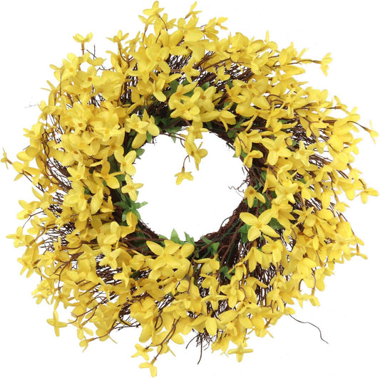 16" Artificial Forsythia Wreath on Grapevine Ring, Lifelike Yellow Flowers, Perfect for Seasonal Decor, Home & Christmas Front Door Display