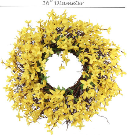 16" Artificial Forsythia Wreath on Grapevine Ring, Lifelike Yellow Flowers, Perfect for Seasonal Decor, Home & Christmas Front Door Display