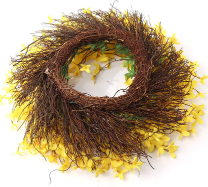 16" Artificial Forsythia Wreath on Grapevine Ring, Lifelike Yellow Flowers, Perfect for Seasonal Decor, Home & Christmas Front Door Display