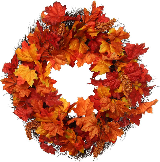 18" Fall Maple Leaf Wreath in Orange, Autumn Decoration, Indoor & Outdoor Use, Thanksgiving & Christmas Home Decor