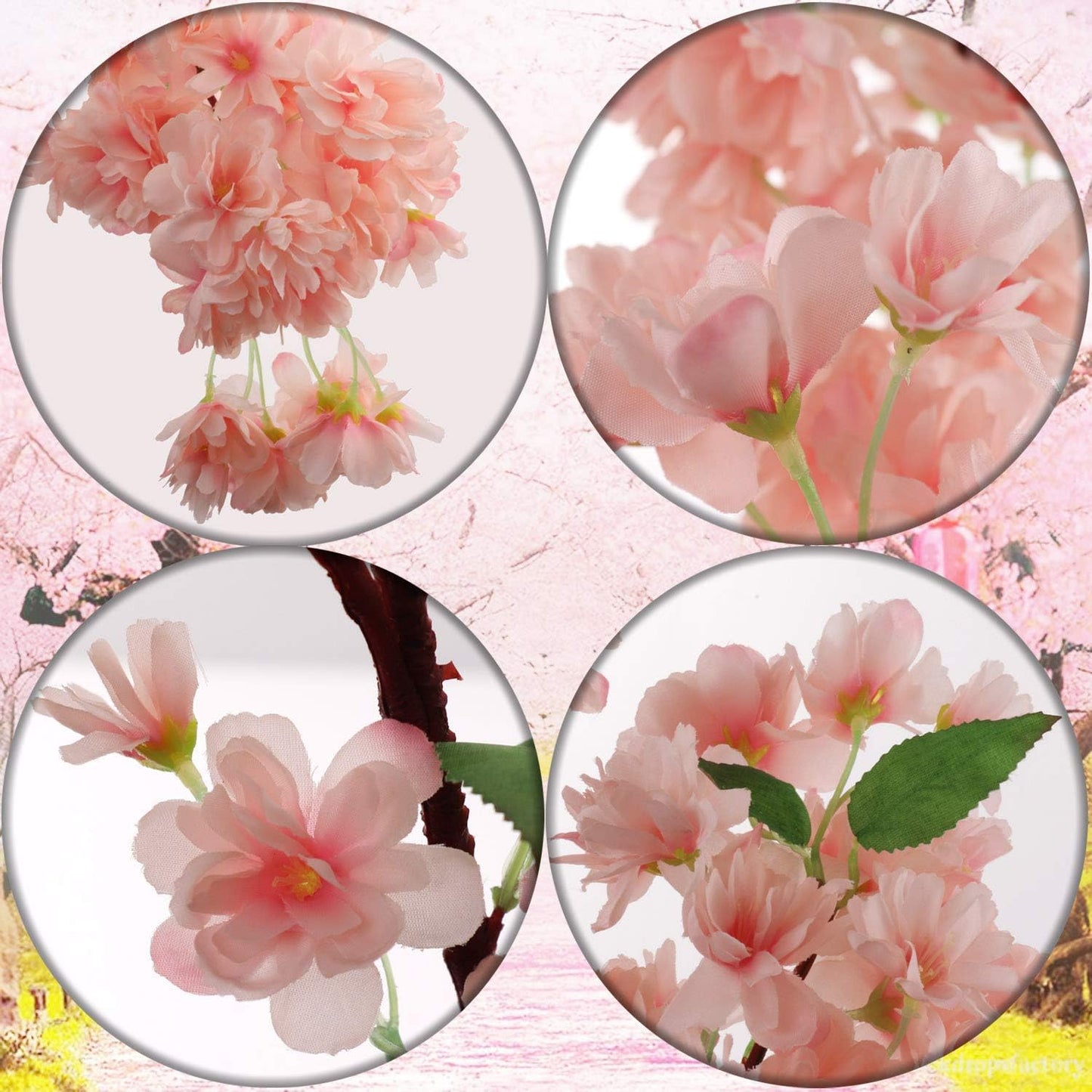 Light Pink Cherry Blossom Branches, Three 30 Inch Cherry Blossom Flowers, Light Pink & Green Hues, Vibrant Green Leaves, Home & Business Décor, Japan's National Flower