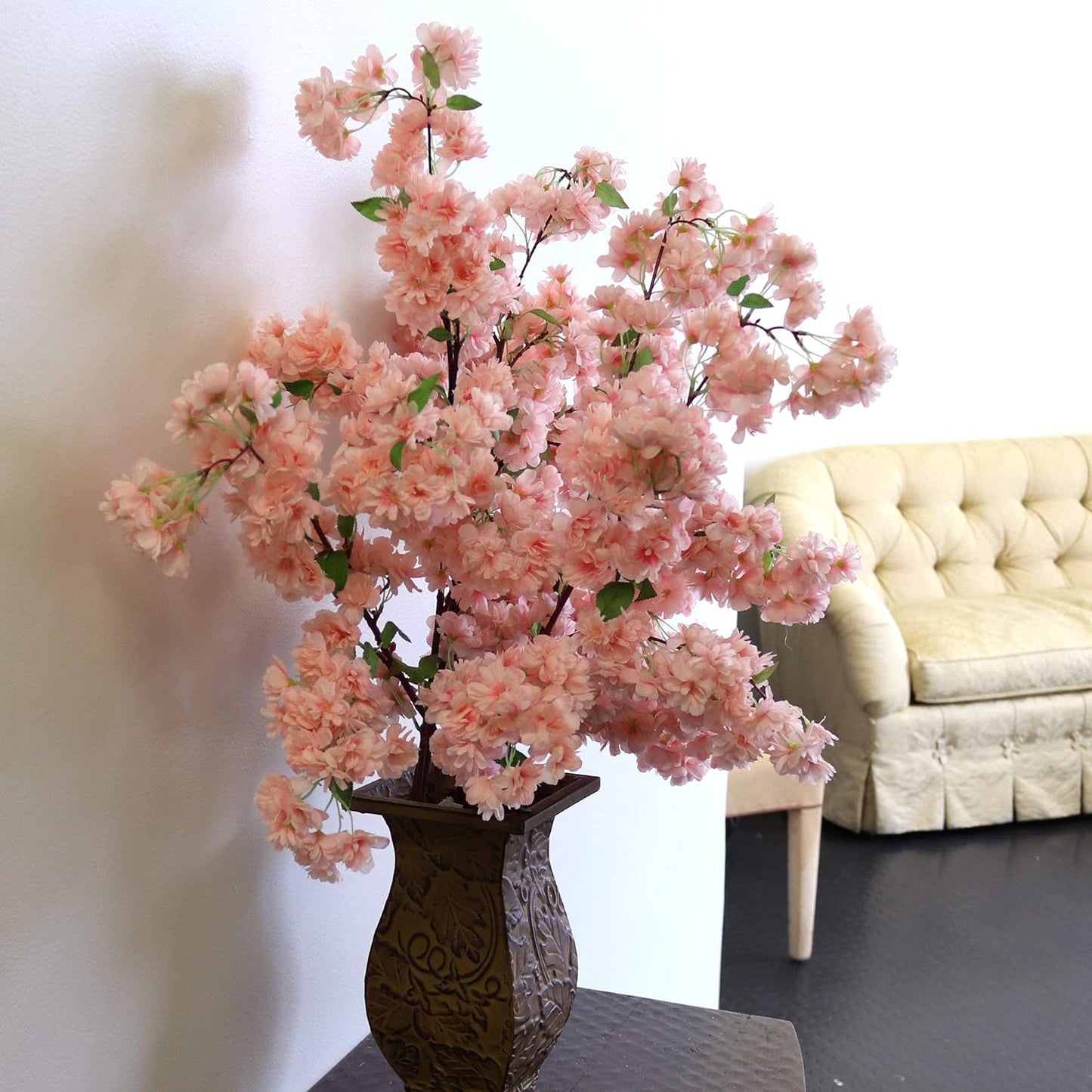 Light Pink Cherry Blossom Branches, Three 30 Inch Cherry Blossom Flowers, Light Pink & Green Hues, Vibrant Green Leaves, Home & Business Décor, Japan's National Flower