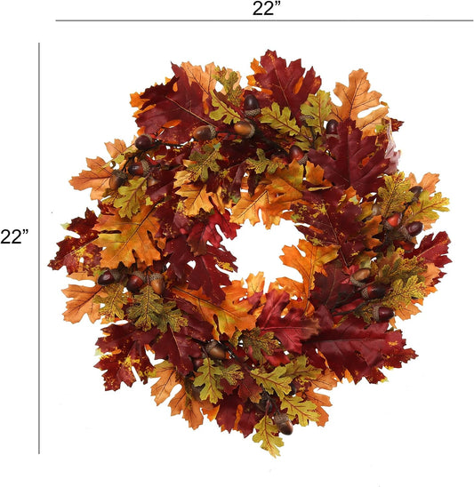 22" Maple Oak Silk Leaf Wreath, Fall & Thanksgiving Accents, Weatherproof for Indoor/Outdoor Use, Perfect for Autumn & Christmas Home & Office Decor