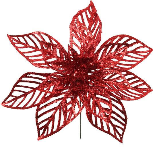 8.5" Red Glitter Poinsettia Flower, Christmas Holiday Decoration, Ideal for Holiday Decor, Xmas Floral Arrangements, Home Decoration