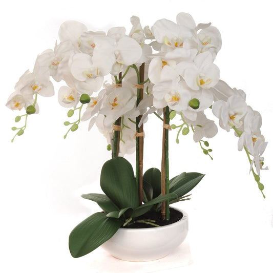 19"x13" Pristine White Phalaenopsis in 9" Designer Bowl - Premium Faux Orchid for Elegant Home & Event Displays - Lifelike Floral Centerpiece for Wedding, Parties & Luxurious Home Decor