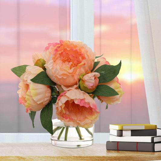 Lush Pink Peony Arrangement with 7 Fronds in Sophisticated Glass Vase - Ideal Home Decor, Table Centerpiece, or Office Enhancer