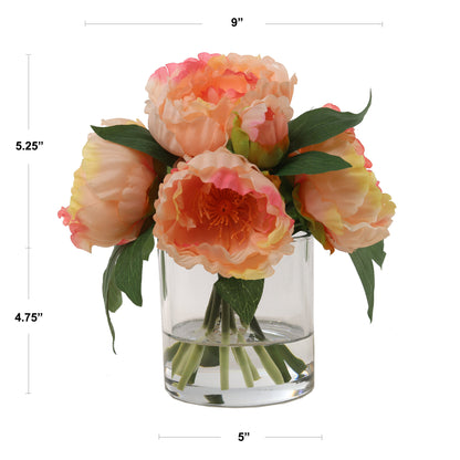 Lush Pink Peony Arrangement with 7 Fronds in Sophisticated Glass Vase - Ideal Home Decor, Table Centerpiece, or Office Enhancer