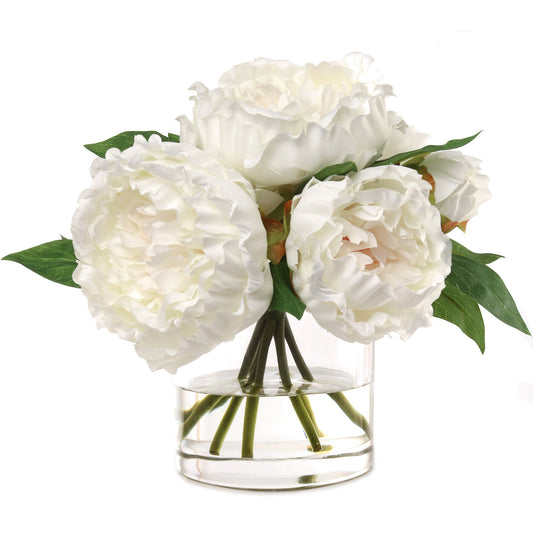 Exquisite White Peony Arrangement with 7 Lush Fronds in Elegant Glass Vase - Perfect Home Decor Accent