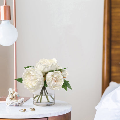 Exquisite White Peony Arrangement with 7 Lush Fronds in Elegant Glass Vase - Perfect Home Decor Accent