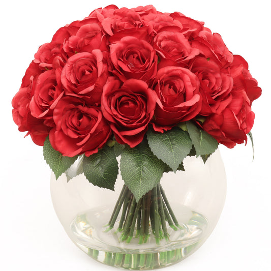 Charming Red Rose Bouquet - 36-Head Artificial Flowers in Luxurious Glass Vase - Ideal for Romantic Decor, Wedding Centerpieces, and Gift Giving