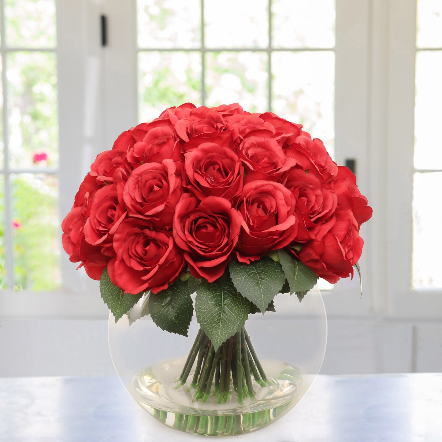 Charming Red Rose Bouquet - 36-Head Artificial Flowers in Luxurious Glass Vase - Ideal for Romantic Decor, Wedding Centerpieces, and Gift Giving
