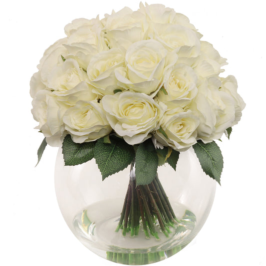 Elegant 36-Head White Rose Bouquet in Handcrafted Glass Vase - Perfect for Weddings, Home Decor, or Gifts