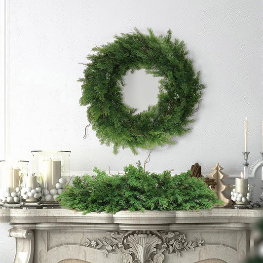 22" Juniper Wreath | Lifelike Greenery & Real Touch Green Berries | Brown Twigs Included | Indoor/Outdoor Use | Holiday Xmas Accents | Front Door | Christmas Wreath | Home & Office Decor