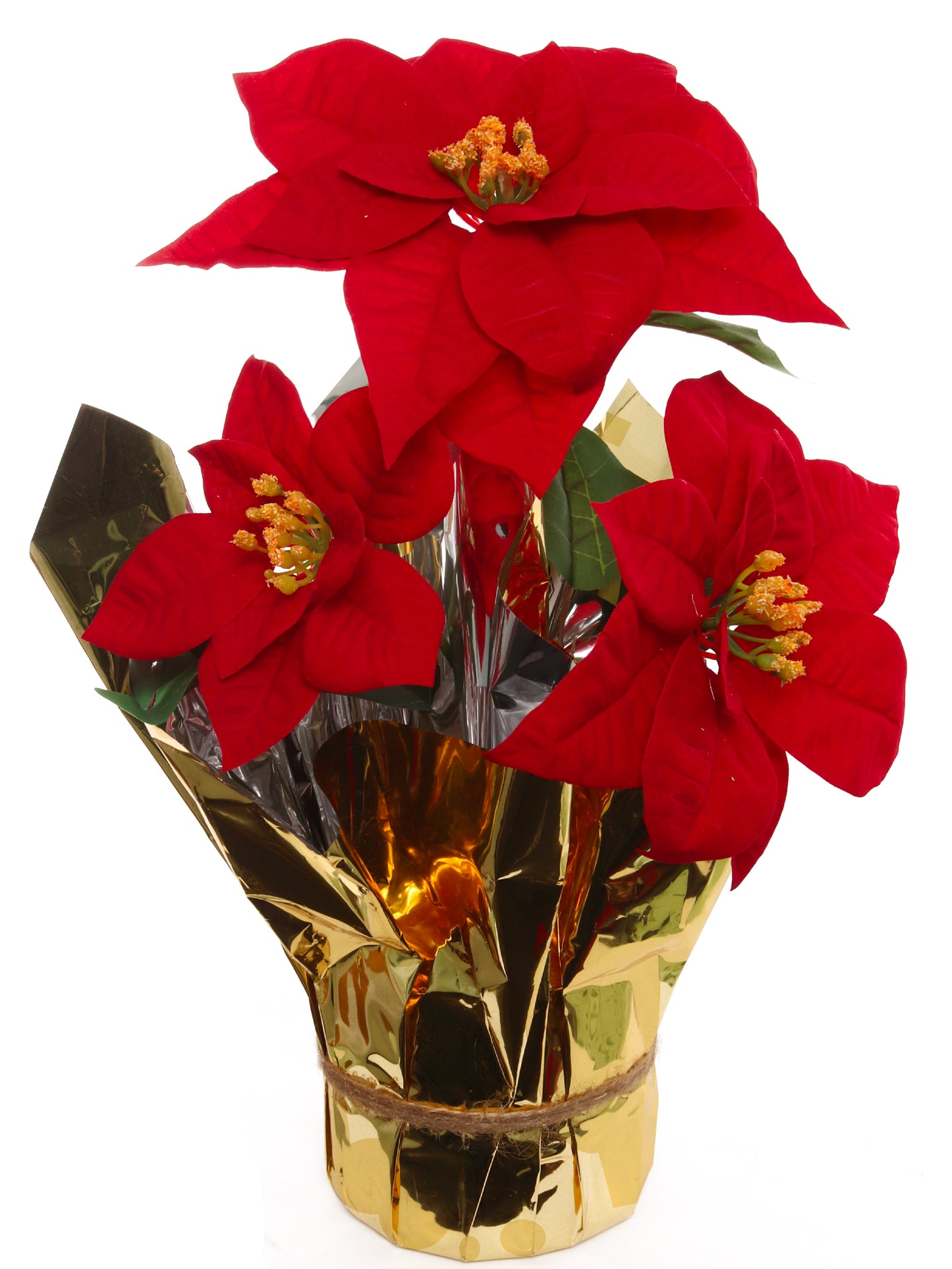 Red Velvet Poinsettia Bush with 3 Silk Flowers in Gold Foil Pot - Lifelike Holiday Decor | Elegant Centerpiece for Tabletop & Mantel | Perfect Festive Christmas Accent