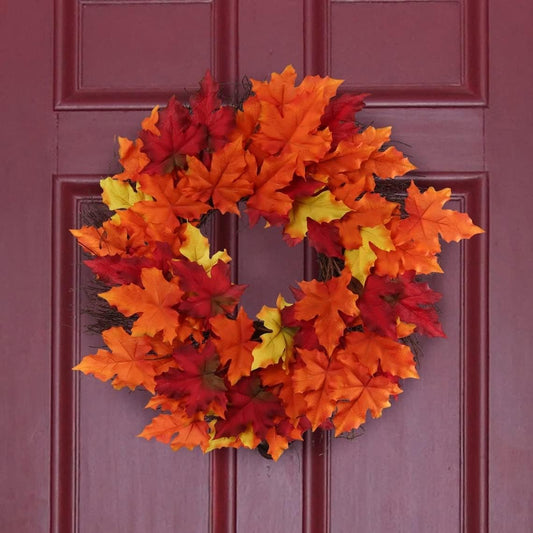 18" Artificial Maple Leaf Wreath with Grapevine Base, Silk Leaves, Fall & Christmas Decoration, Indoor & Outdoor Use, Thanksgiving & Holiday Home & Office Decor