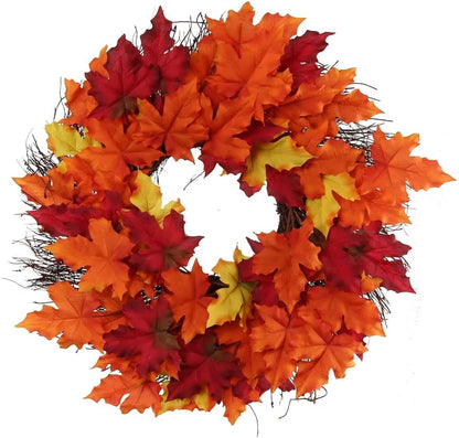 18" Artificial Maple Leaf Wreath with Grapevine Base, Silk Leaves, Fall & Christmas Decoration, Indoor & Outdoor Use, Thanksgiving & Holiday Home & Office Decor