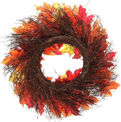 18" Artificial Maple Leaf Wreath with Grapevine Base, Silk Leaves, Fall & Christmas Decoration, Indoor & Outdoor Use, Thanksgiving & Holiday Home & Office Decor
