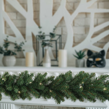 9' Pre-Lit Pine Garland | 240 Lifelike Green Tips | Indoor/Outdoor Use | Holiday Christmas Accents | Mantle, Staircase, Front Door Garland | Home & Office Decor