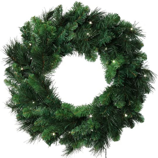 24" LED Timer Deluxe Evergreen Wreath, Lush Artificial Greenery, Lit Holiday Decor for Front Door, Christmas & Year-Round Home Celebrations