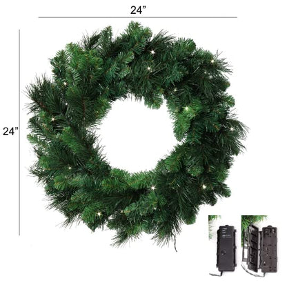 24" LED Timer Deluxe Evergreen Wreath, Lush Artificial Greenery, Lit Holiday Decor for Front Door, Christmas & Year-Round Home Celebrations