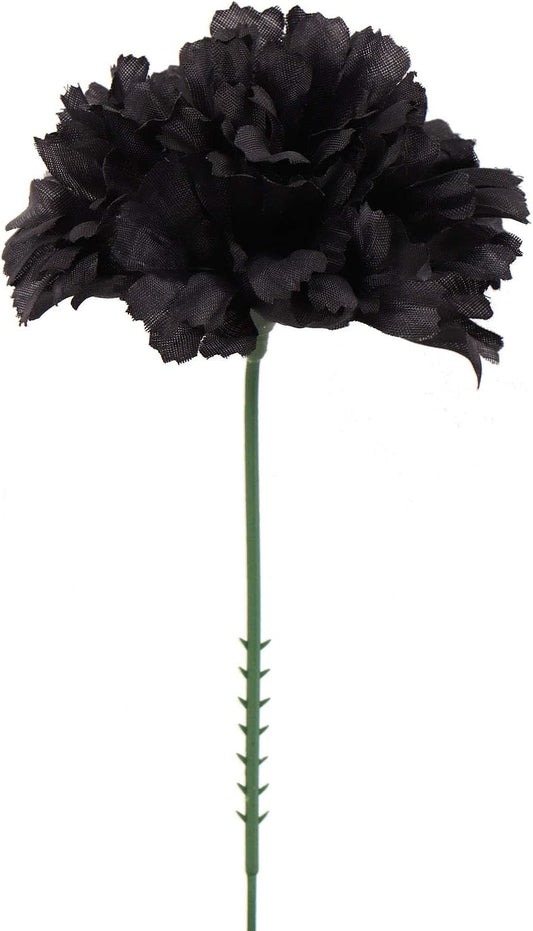 Black Silk Carnation Picks, Artificial Flowers for Weddings, Decorations, DIY Decor, 100 Count Bulk, 3.5" Carnation Heads with 5" Stems