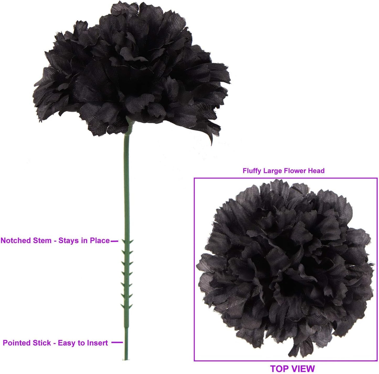 Black Silk Carnation Picks, Artificial Flowers for Weddings, Decorations, DIY Decor, 100 Count Bulk, 3.5" Carnation Heads with 5" Stems