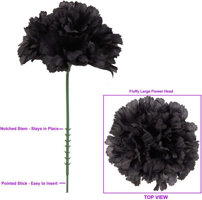 Black Silk Carnation Picks, Artificial Flowers for Weddings, Decorations, DIY Decor, 100 Count Bulk, 3.5" Carnation Heads with 5" Stems