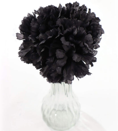 Black Silk Carnation Picks, Artificial Flowers for Weddings, Decorations, DIY Decor, 100 Count Bulk, 3.5" Carnation Heads with 5" Stems