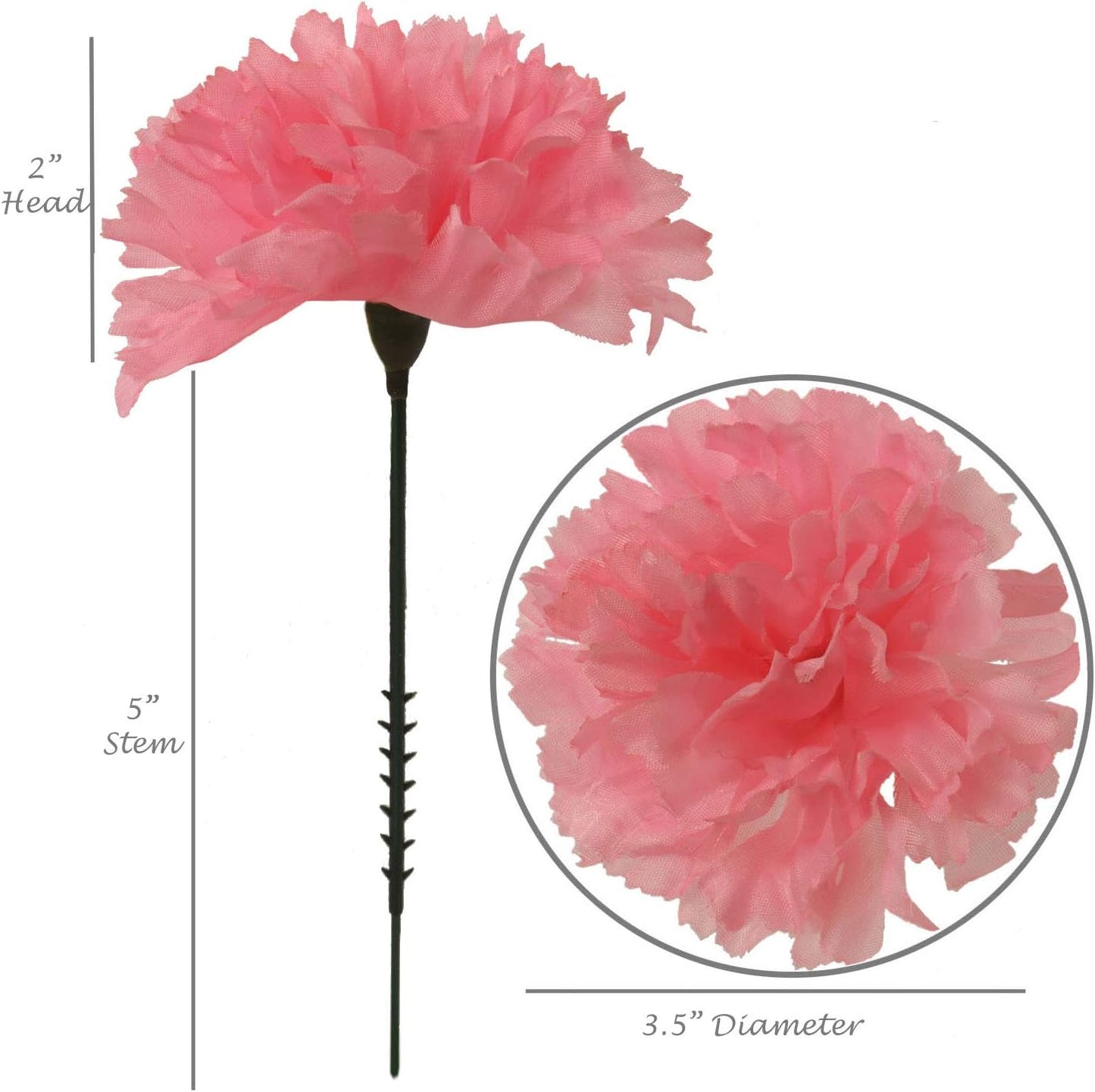 Pink Silk Carnation Picks, Artificial Flowers for Weddings, Decorations, DIY Decor, 100 Count Bulk, 3.5" Carnation Heads with 5" Stems