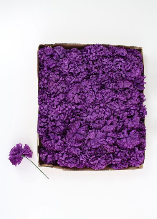 Purple Silk Carnation Picks, Artificial Flowers for Weddings, Decorations, DIY Decor, 100 Count Bulk, 3.5" Carnation Heads with 5" Stems