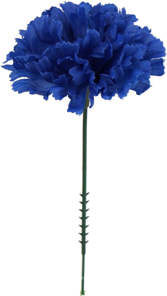 Blue Silk Carnation Picks, Artificial Flowers for Weddings, Decorations, DIY Decor, 100 Count Bulk, 3.5" Carnation Heads with 5" Stems