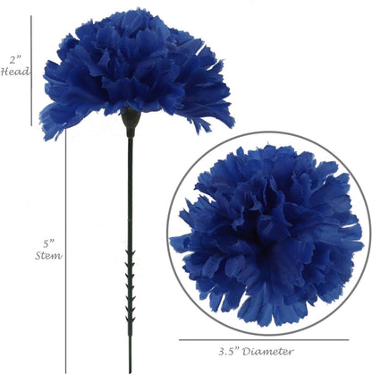 Blue Silk Carnation Picks, Artificial Flowers for Weddings, Decorations, DIY Decor, 100 Count Bulk, 3.5" Carnation Heads with 5" Stems