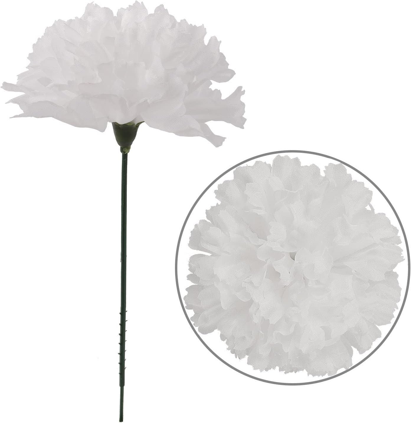 White Silk Carnation Picks, Artificial Flower Heads for Weddings, Decorations, DIY Decor, 200 Count Bulk Carnations, 3.5" Carnation Heads with 5" Stems