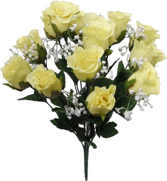 Rose Bud x/Gyp Bush x14 - Exquisite Combo of Artificial Roses & Gypsophila for Romantic Wedding Bouquets, Home Decor & Centerpiece Floral Designs.