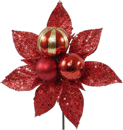 Red Glitter Poinsettia Christmas Tree Picks Decorations (12 CT)