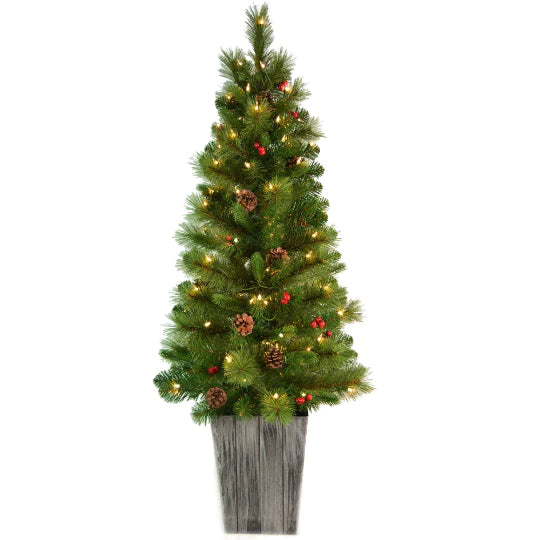 Artificial Christmas Tree Cones, Berries and Lights in Pot  130 Tips 100 Lights- 4'