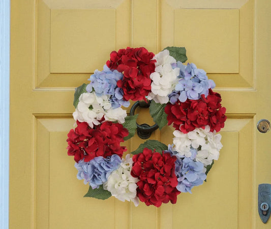 18" Artificial White, Blue & Red Hydrangea Wreath, Lifelike Floral Decor, Perfect for Home, Weddings, Events & Christmas Displays