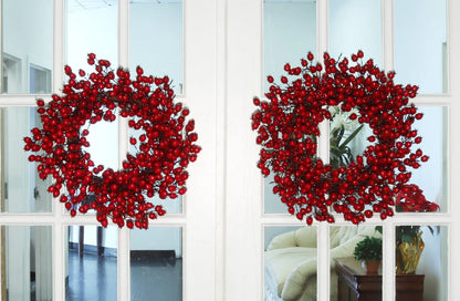 Artificial Red Berry Wreath Hawthorn Twig Berries Front Door-20"