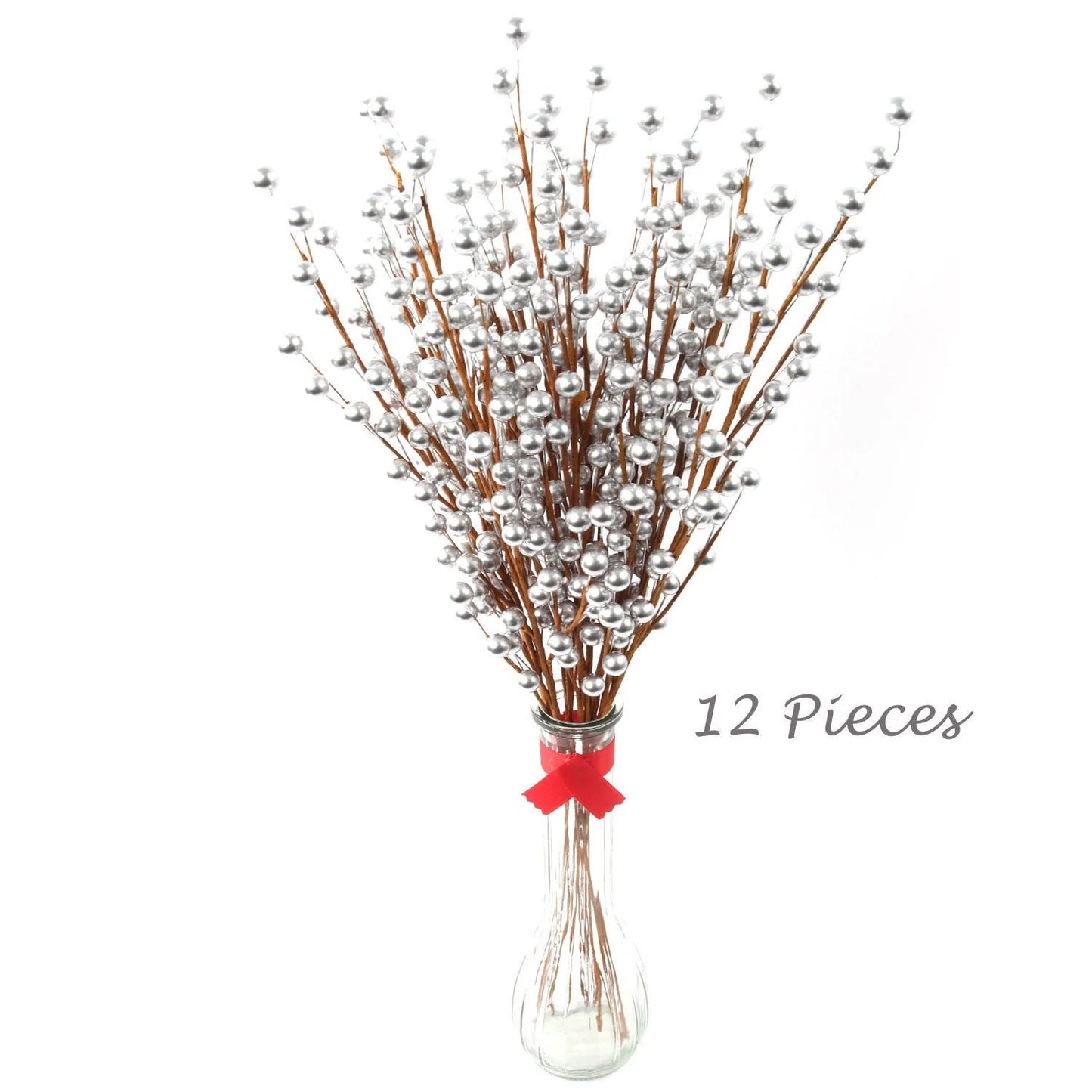 17" Artificial Silver Berry Stem Picks with 35 Berries (12 Pieces), Elegant Decorative Accent for Crafts, Floral Arrangements & Christmas Decor