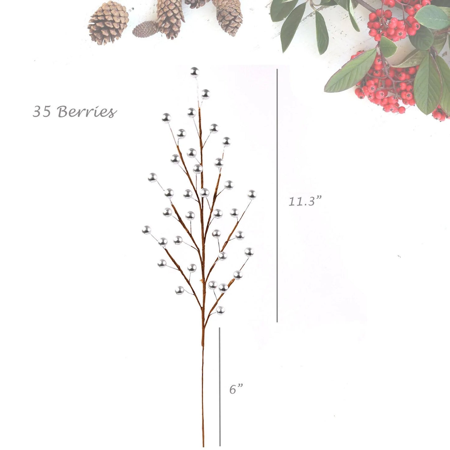 17" Artificial Silver Berry Stem Picks with 35 Berries (12 Pieces), Elegant Decorative Accent for Crafts, Floral Arrangements & Christmas Decor