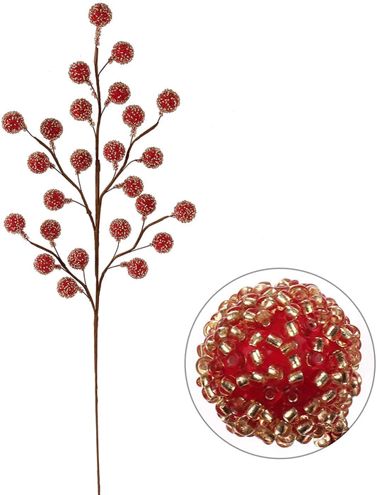 17" Artificial Beaded Red Berry Spray, 25 Berries, Elegant Decorative Accent for Floral Arrangements, Crafts & Christmas Decor