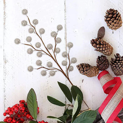 12 Silver Holly Berry Decorative Wire Stem Picks, 19" Long, Sparkling Christmas Branches, Holiday Floral Arrangements and Wreaths