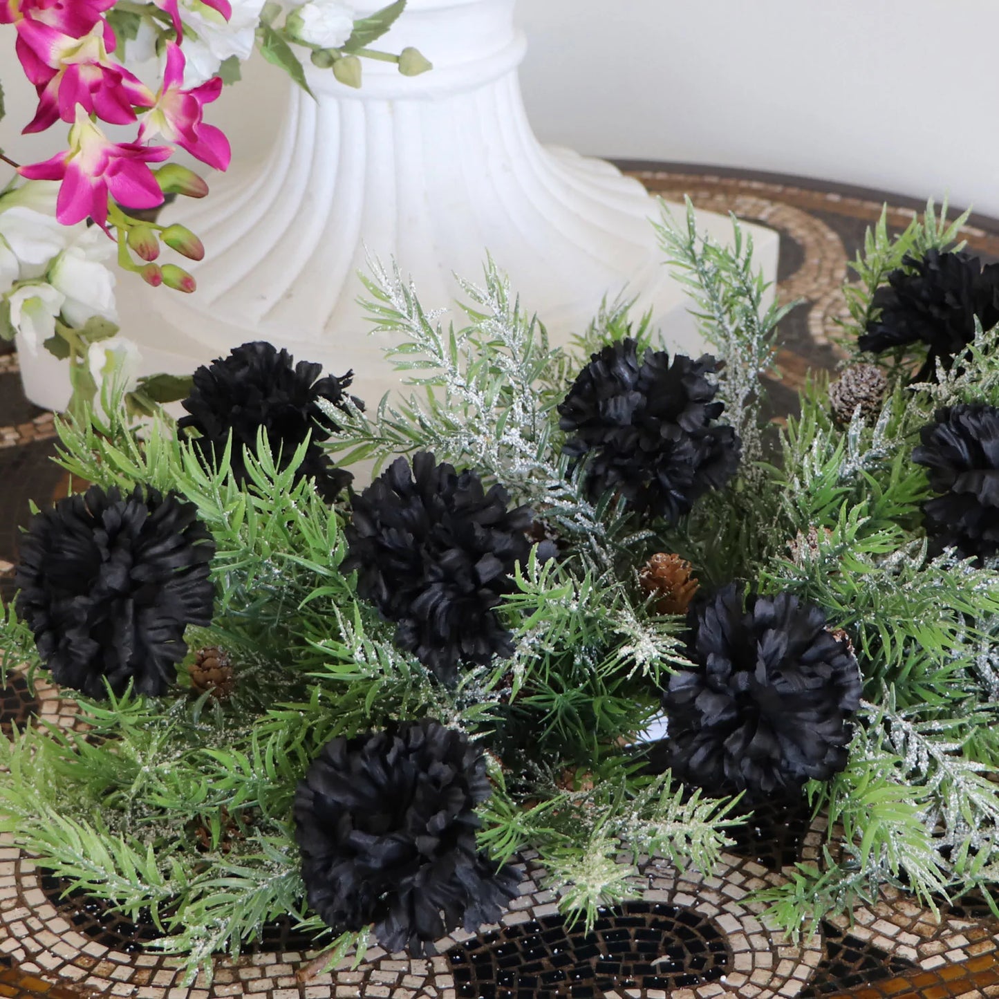 Elegant Noir Delights: 100-Piece Set of Silk Carnation Picks - Stunning Black Blooms, 3.5" Wide on 7" Pick - Exquisite Floral Accents for Sophisticated Decor