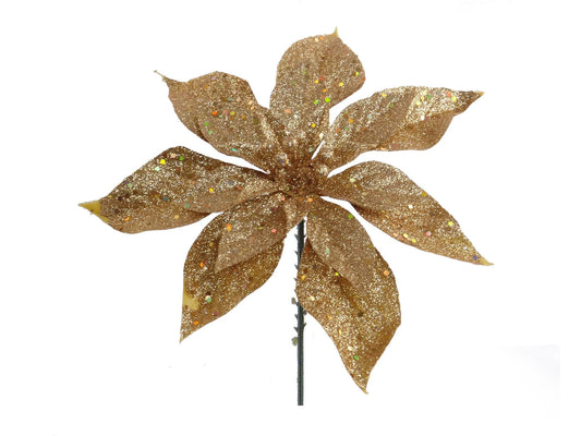 Artificial Gold Poinsettia Glittered Pick- 8.5"