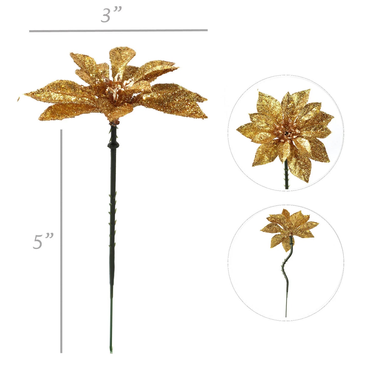 Sparkling Gold Glitter Poinsettia Picks - 4-Inch Decorative Floral Accents, Pack of 24